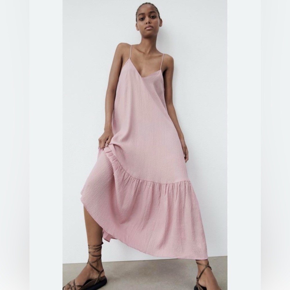 Zara Blush Pink Midi Slip Dress with Ruffle Hem